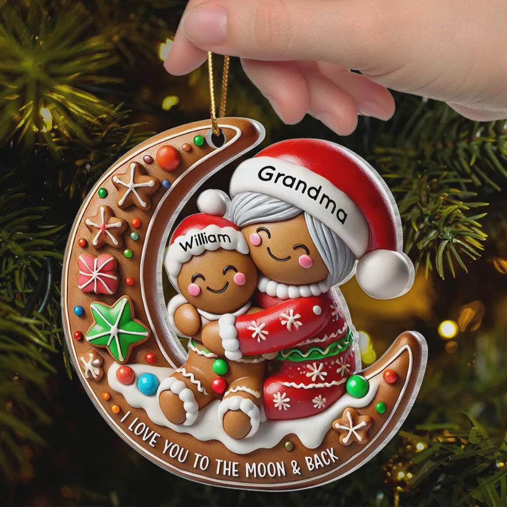 Personalized Gingerbread Grandma & Grandchild Moon Ornament: 2D Acrylic Christmas Keepsake