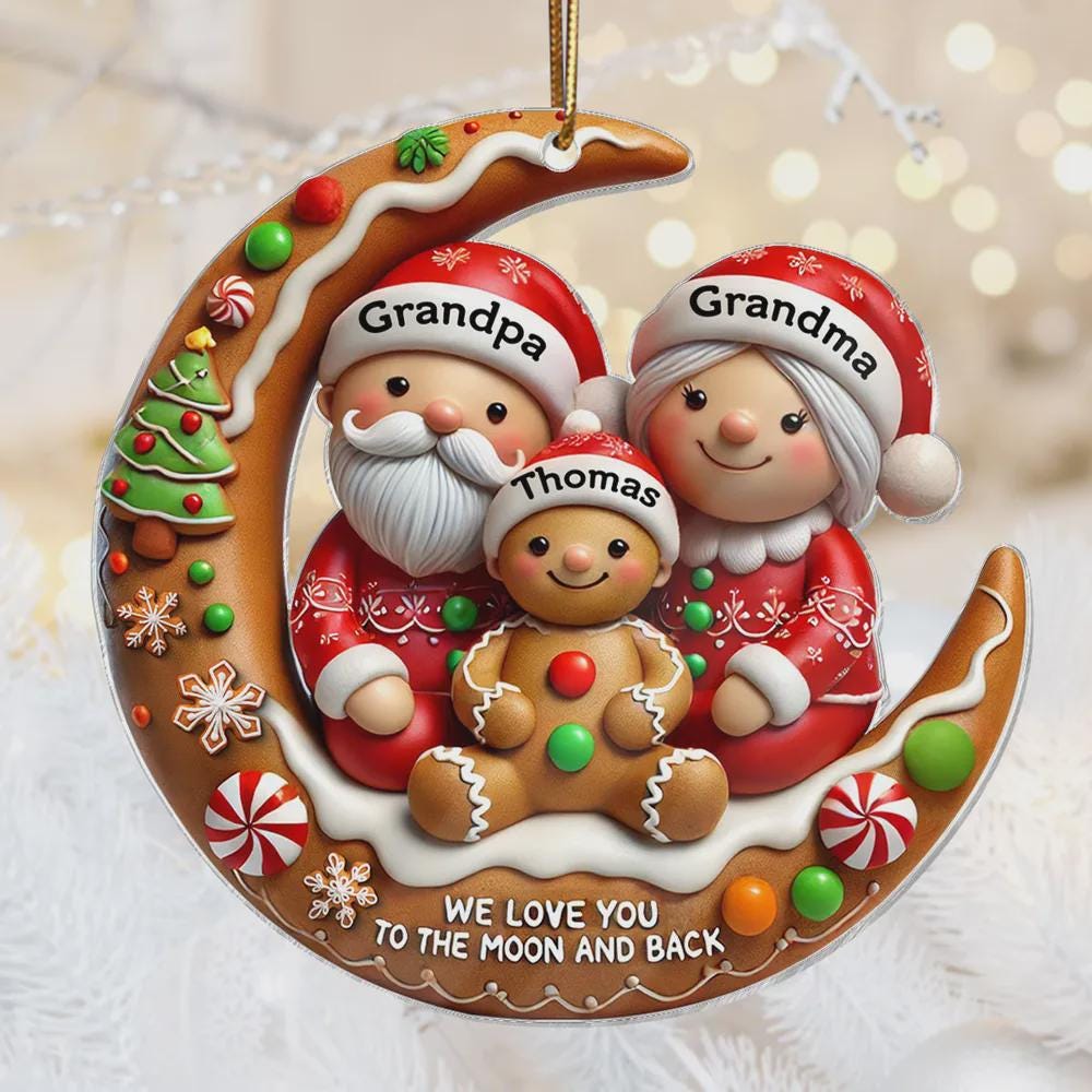 Personalized Gingerbread Grandparent & Grandchild Moon 2D Acrylic Ornament – Custom Christmas Gift