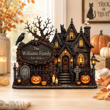 Personalized Haunted House Wooden Block, Custom Family Name Halloween Decor, Gothic Spooky Sign