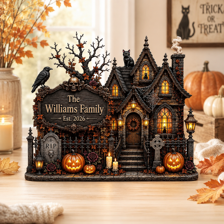 Personalized Haunted House Wooden Block, Custom Family Name Halloween Decor, Gothic Spooky Sign