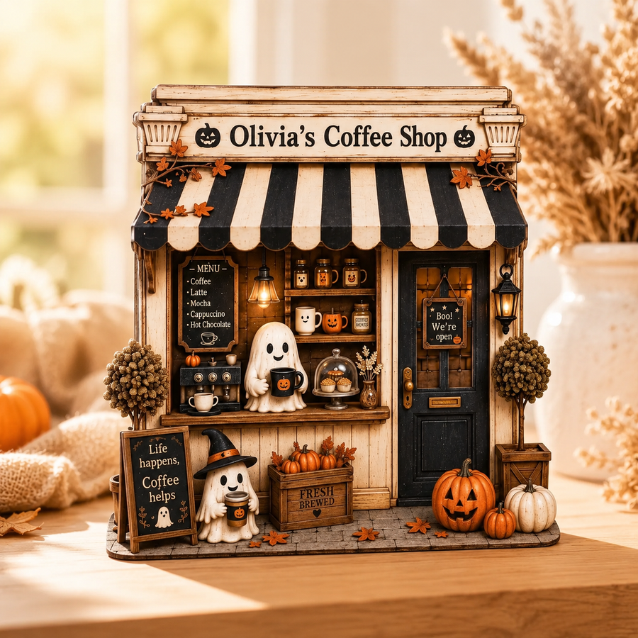 Personalized Halloween Coffee Shop Wooden Block, Cute Ghost Café Decor, Cozy Fall Gift