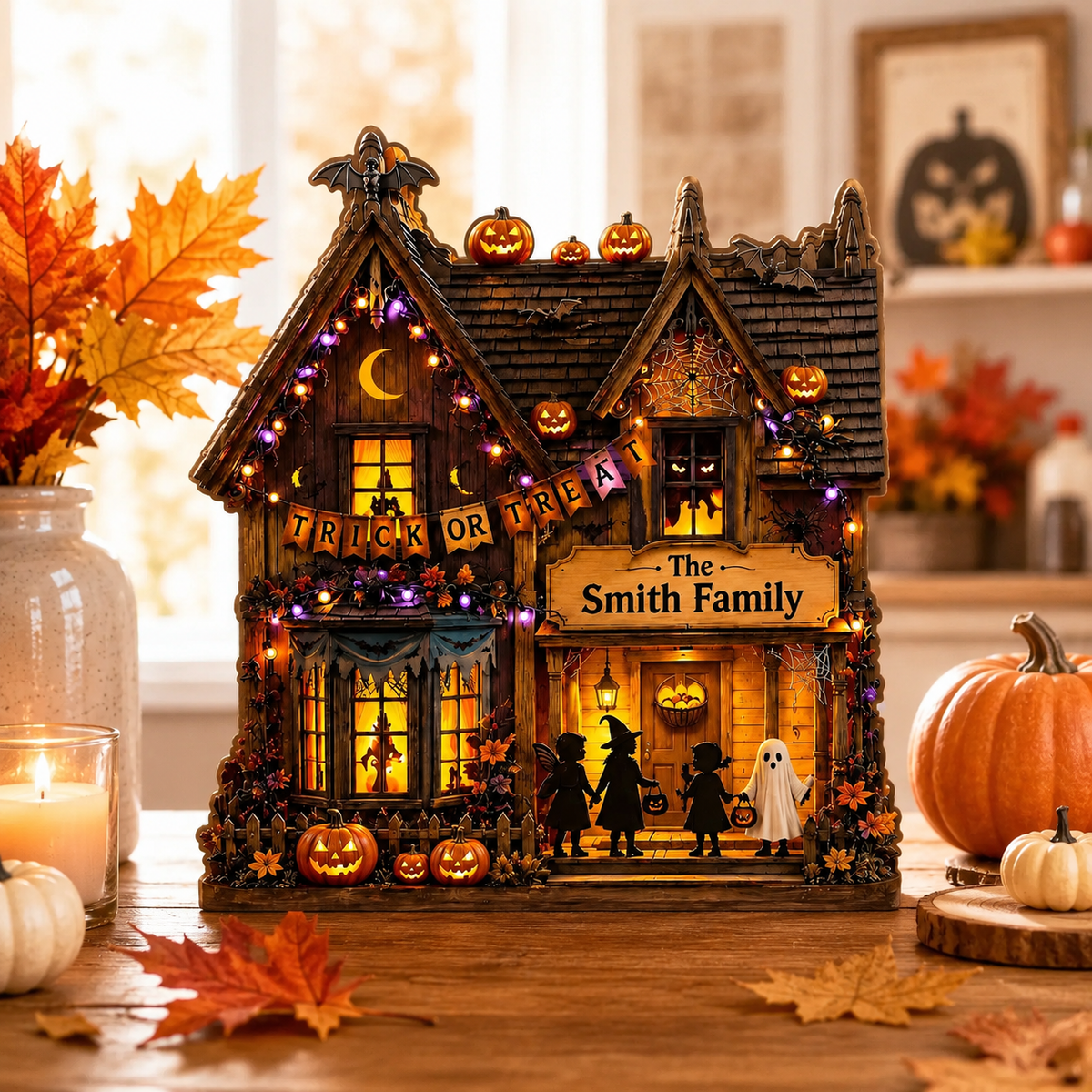 Personalized Trick or Treat Wooden Block, Halloween Family House Decor, Custom Spooky Sign