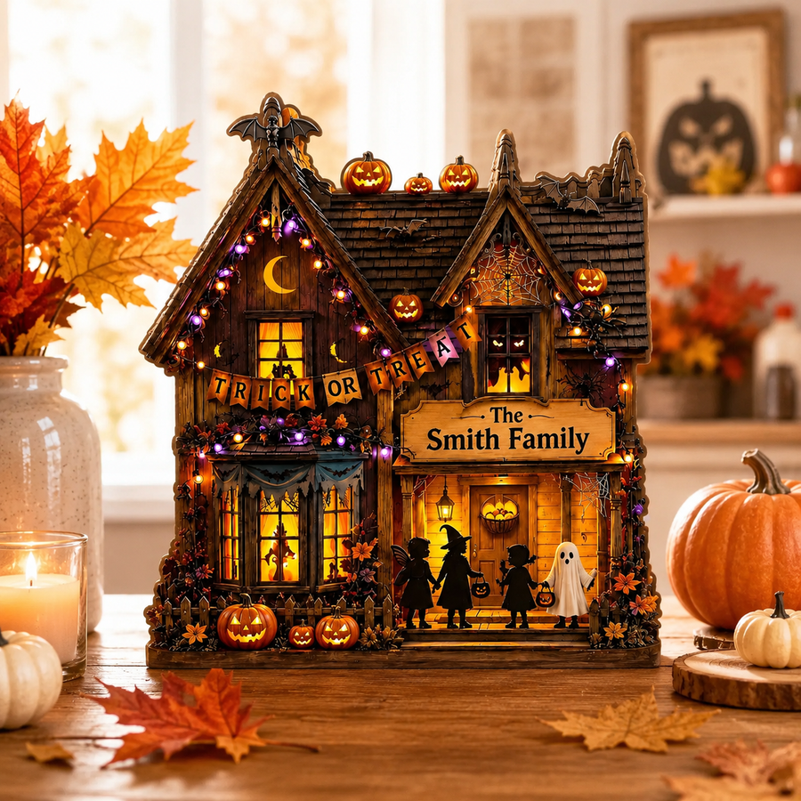 Personalized Trick or Treat Wooden Block, Halloween Family House Decor, Custom Spooky Sign