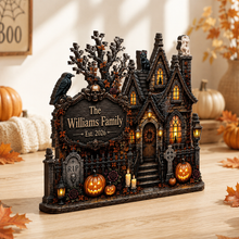 Personalized Haunted House Wooden Block, Custom Family Name Halloween Decor, Gothic Spooky Sign