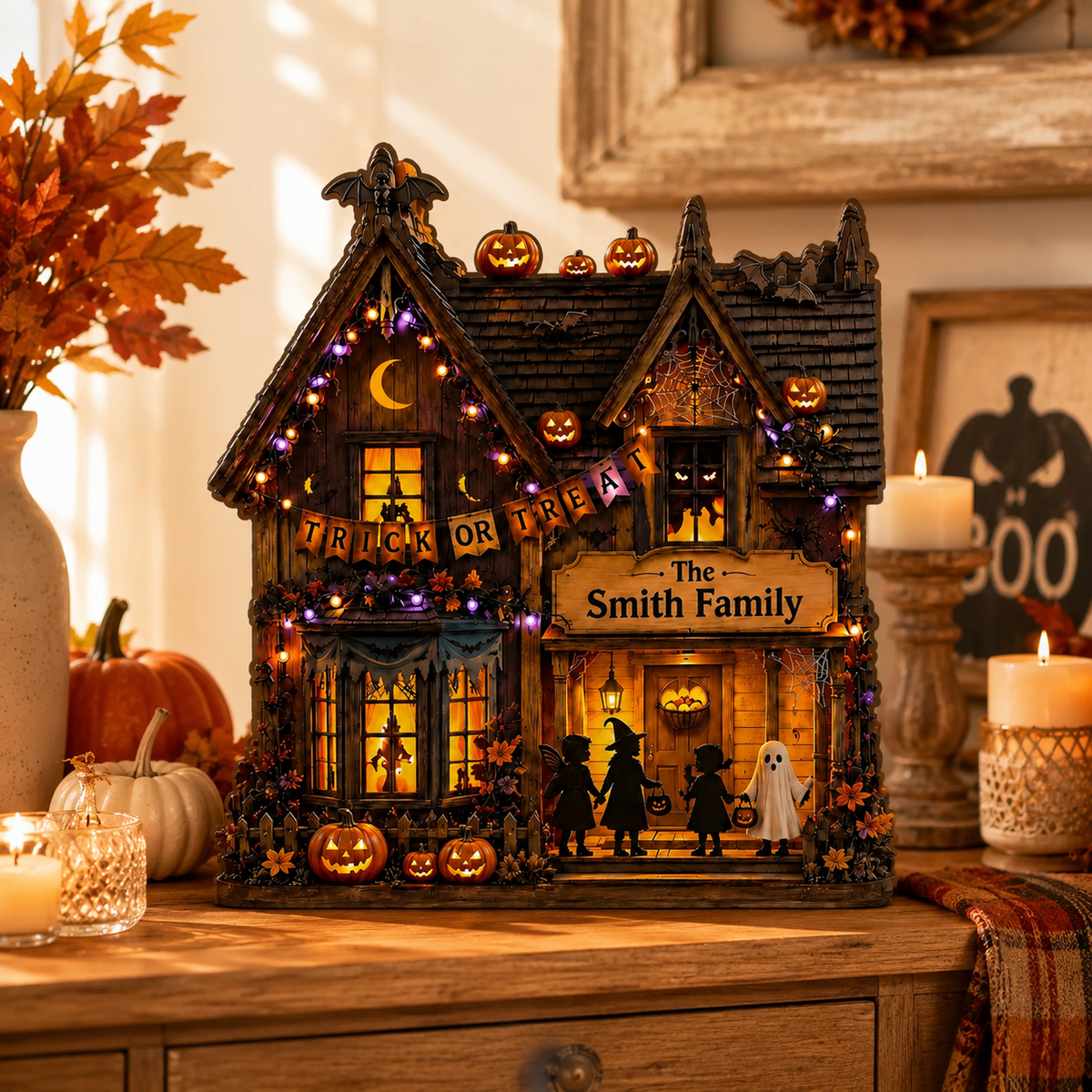 Personalized Trick or Treat Wooden Block, Halloween Family House Decor, Custom Spooky Sign