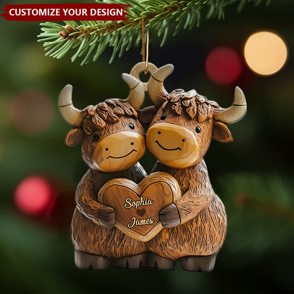 Highland Cowl Couple Personalized 2D Acrylic Ornament, Christmas Gift for Couples, Custom Name Keepsake Decoration