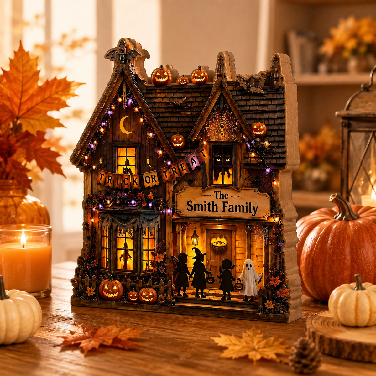 Personalized Trick or Treat Wooden Block, Halloween Family House Decor, Custom Spooky Sign