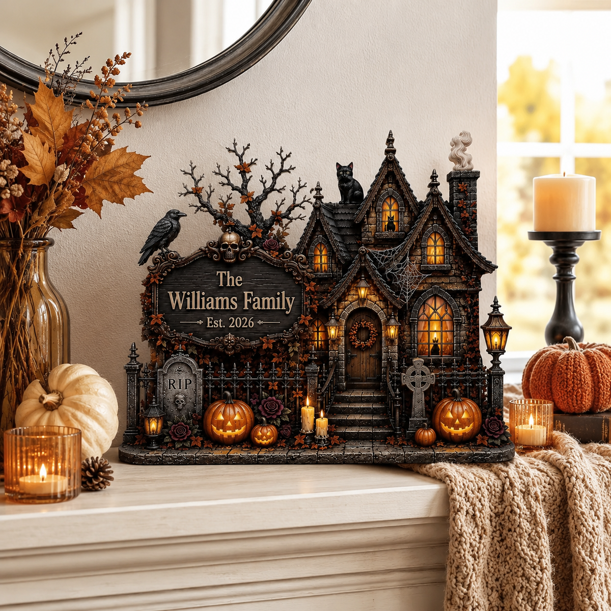 Personalized Haunted House Wooden Block, Custom Family Name Halloween Decor, Gothic Spooky Sign