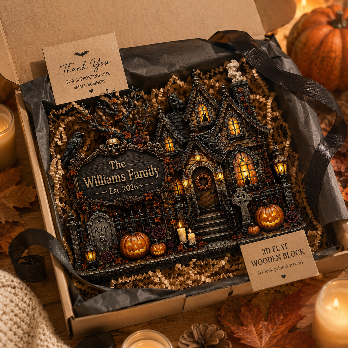 Personalized Haunted House Wooden Block, Custom Family Name Halloween Decor, Gothic Spooky Sign