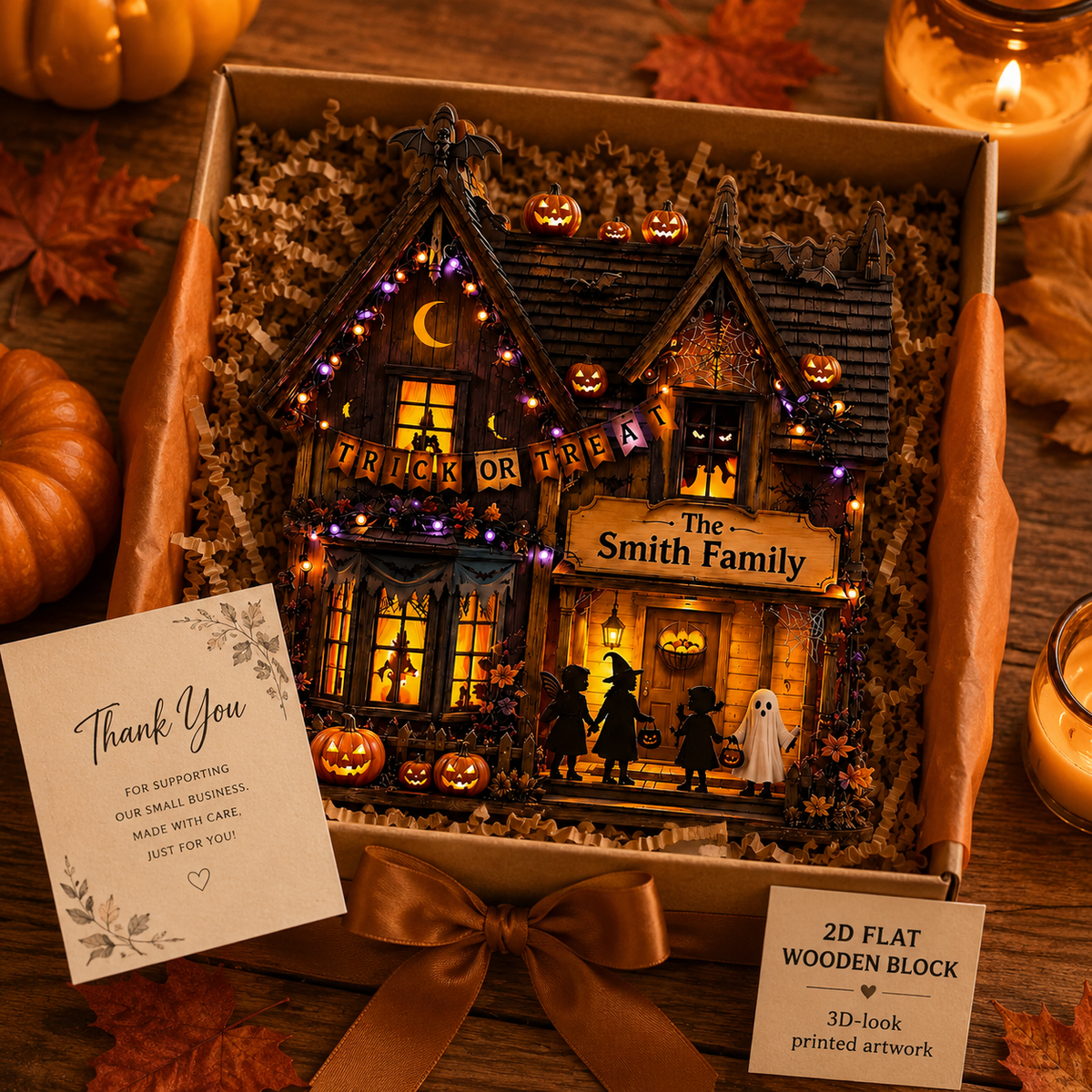 Personalized Trick or Treat Wooden Block, Halloween Family House Decor, Custom Spooky Sign