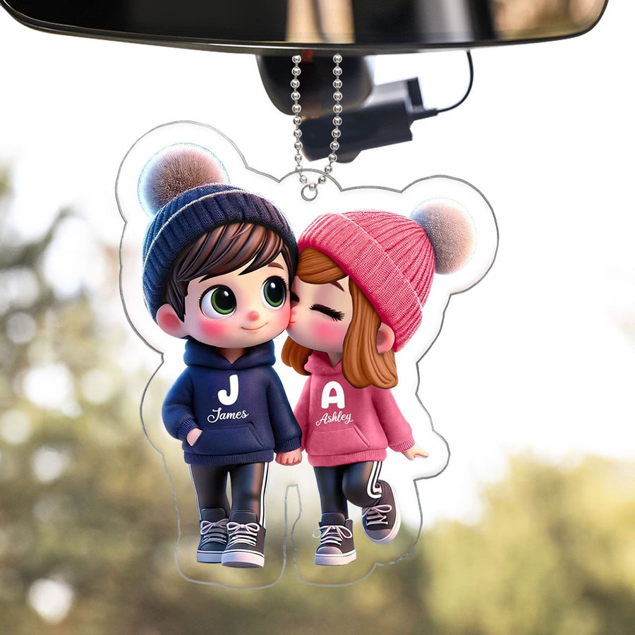 Personalized Cartoon Couple Walking 2D Acrylic Car Ornament – Custom Name Christmas Gift for Couples