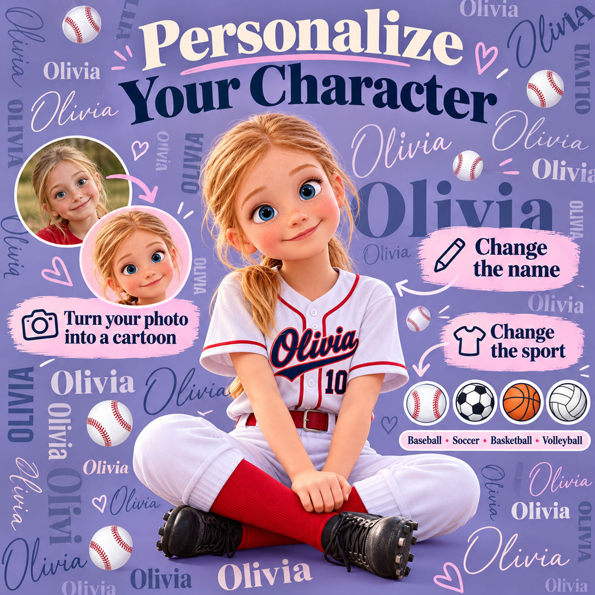 Personalized Sports Canvas - Custom Photo Cartoon Character, Name & Sport Canvas - Gift for Kids, Athletes & Sports Lovers