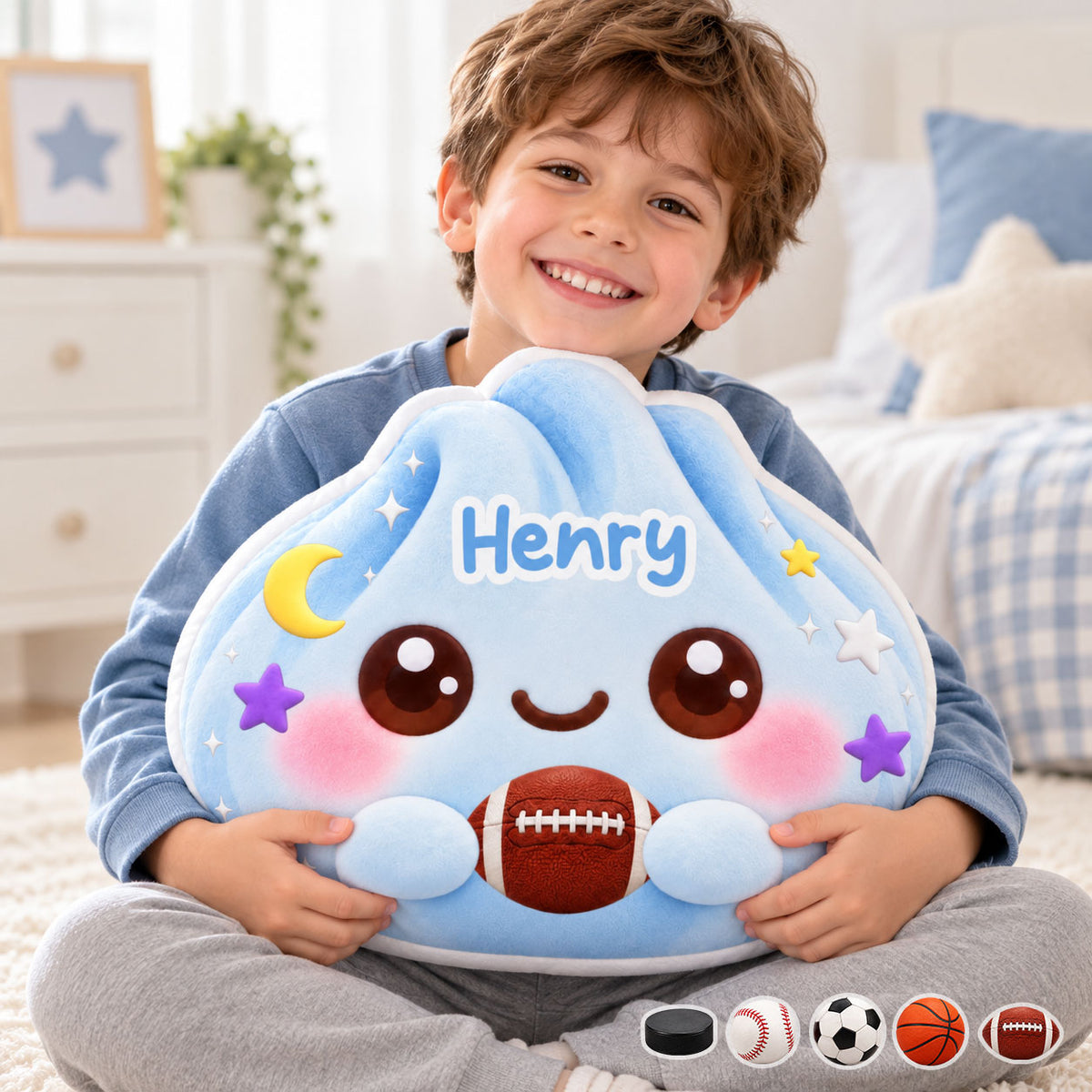Sports Dumpling Custom Shape Pillow – Personalized Name & Favorite Sport, Cute Rainbow Plush Pillow for Kids, Athletes & Sports Lovers