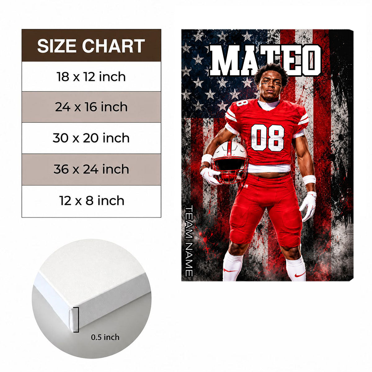 Custom USA Football Player Sport - Personalized Canvas - Football Wall Art, Gift for Him, Boys Girls Room Decor