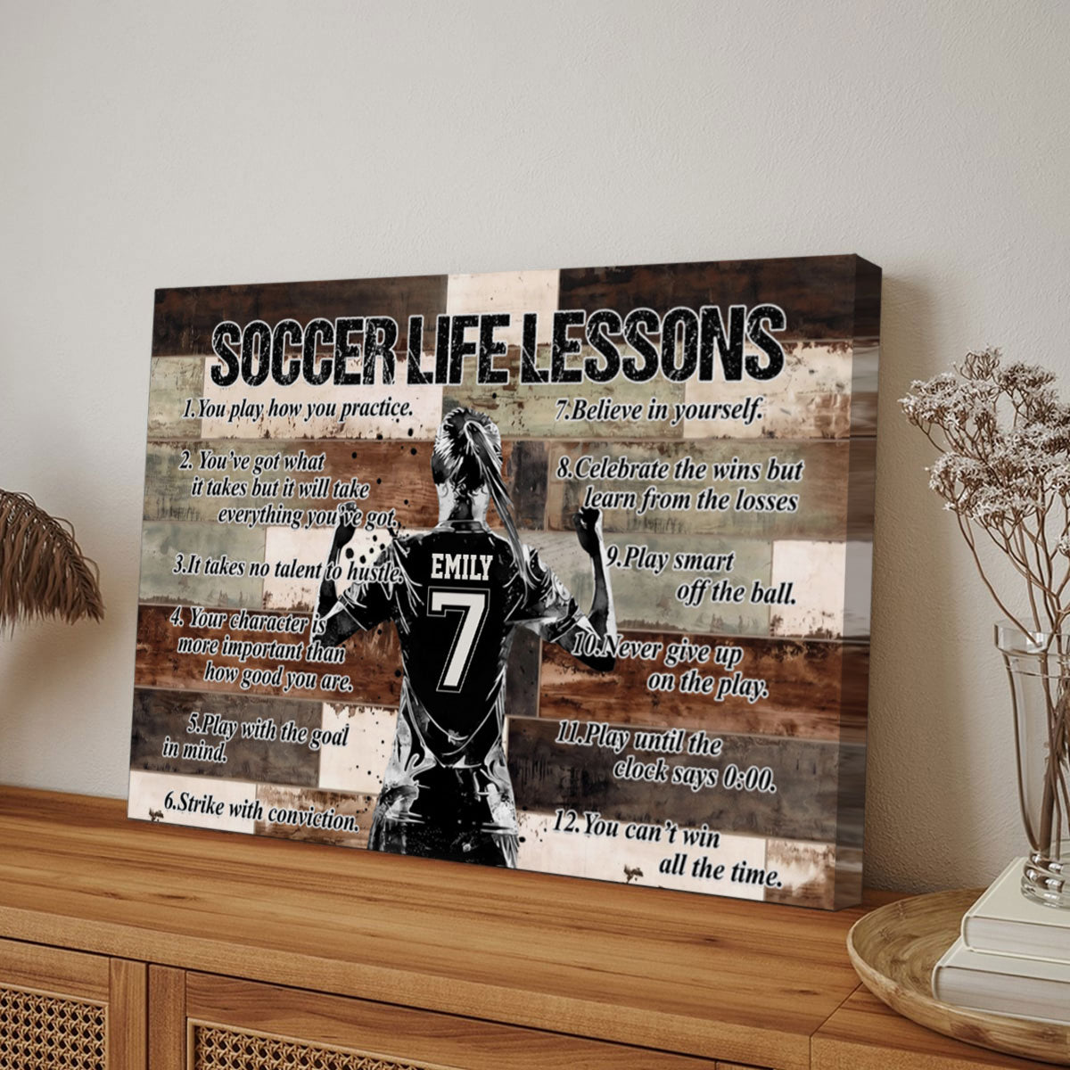 Soccer Life Lessons - Personalized Soccer Player Name & Number Canvas, Inspirational Soccer Quotes Wall Art - Gift for Soccer Players, Boys & Teams