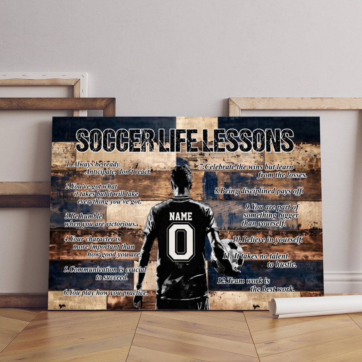 Soccer Life Lessons - Personalized Soccer Player Name & Number Canvas, Inspirational Soccer Quotes Wall Art - Gift for Soccer Players, Boys & Teams