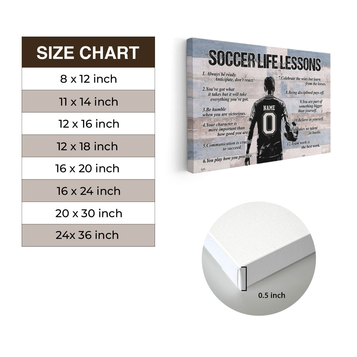 Soccer Life Lessons - Personalized Soccer Player Name & Number Canvas, Inspirational Soccer Quotes Wall Art - Gift for Soccer Players, Boys & Teams