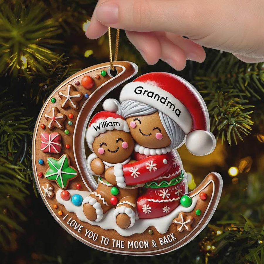 Personalized Gingerbread Grandma & Grandchild Moon Ornament: 2D Acrylic Christmas Keepsake