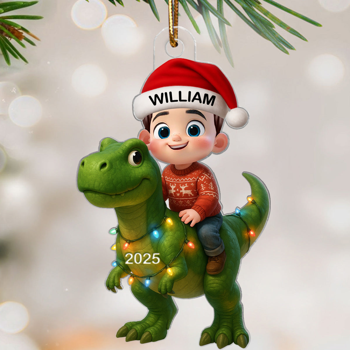 Personalized Kid with Dinosaur 2D Acrylic Ornament – Custom Name Christmas Gift for Kids