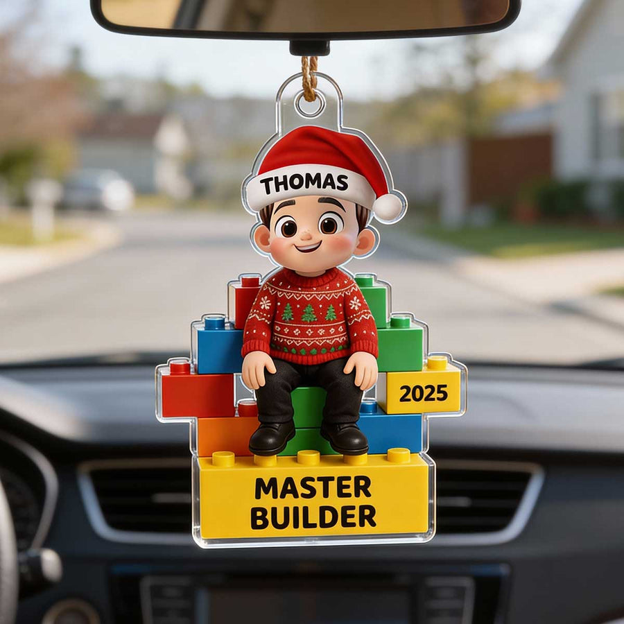 Personalized Little Kid Master Builder 2D Acrylic Ornament – Custom Name Christmas Gift for Kids